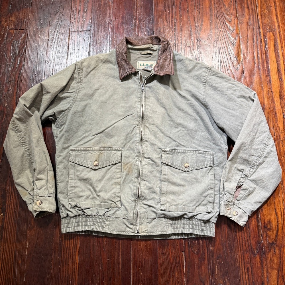 VTG LL Bean Jacket Mens Large Green Canvas Barn Chore Bomber Leather Collar HK